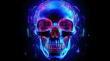 neon cyber skull, digital art illustration, Generative AI photo