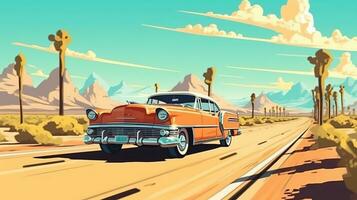 retro road trip, digital art illustration, Generative AI photo