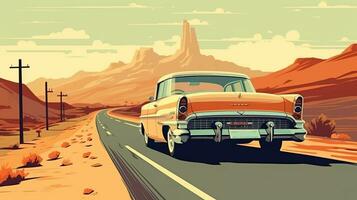 retro road trip, digital art illustration, Generative AI photo