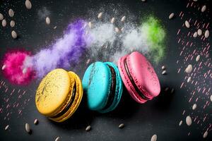 Colorful macarons with sugar powder explosion moment on black background. Neural network generated art photo