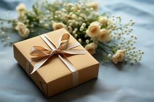 regalo o presente caja en arte embalaje y flor, lado vista. saludo tarjeta. generado por artificial inteligencia foto