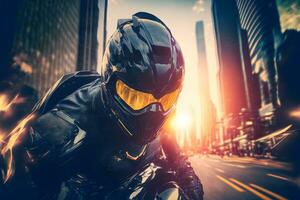 Modern futuristic fast sport bike with biker in city center. Neural network generated art photo