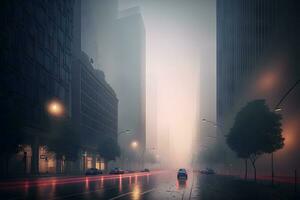 Urban skyscrapers at early foggy morning in the city district. Neural network generated art photo