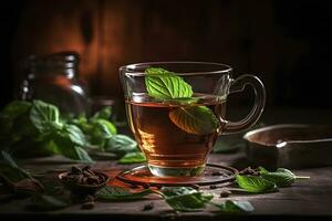 Mint tea On a dark background. Neural network AI generated photo