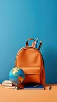 Backpack with different school stationery on light blue background. AI generative photo