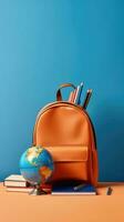 Backpack with different school stationery on light blue background. AI generative photo