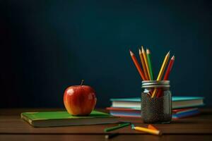 School supplies next to the apple and stack of books on the blackboard background. Back to school concept on September day. AI generative photo