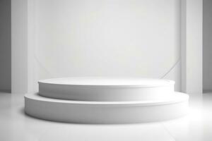 White empty round podium on a white background. Minimalistic background for cosmetics and accessories. Generative AI photo