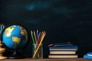 School supplies next to the globe and stack of books on the blackboard background. Back to school concept on September day. AI generative photo