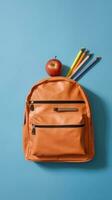 Backpack with different school stationery on light blue background. AI generative photo