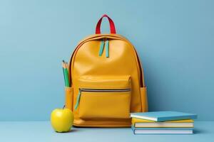 Backpack with different school stationery on light blue background. AI generative photo