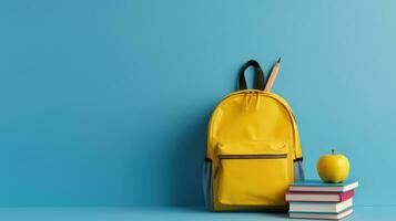 Backpack with different school stationery on light blue background. AI generative photo