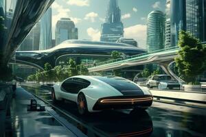 city of the future, Autonomous Self-Driving 3D Car Moving Through City Highway. AI generative photo