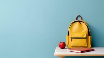 Backpack with different school stationery on light blue background. AI generative photo