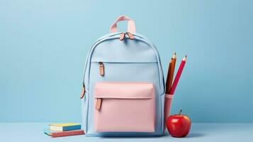 Backpack with different school stationery on light blue background. AI generative photo