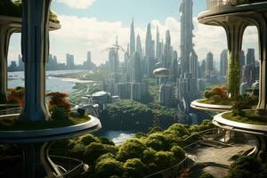 beautiful city of the future, eco-style, with green gardens on the balconies, futurism. AI generative photo