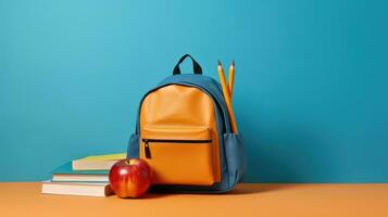 Backpack with different school stationery on light blue background. AI generative photo