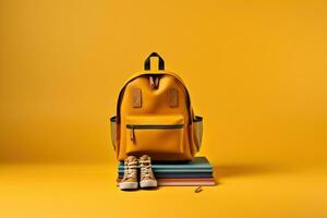 Backpack with different school stationery on orange background. AI generative photo