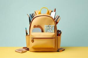 Backpack with different school stationery on light blue background. AI generative photo