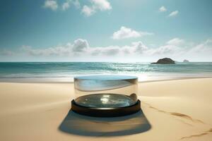 Empty round glass transparent platform podium on the beach sand. pedestal for products, for cosmetics. AI generative photo