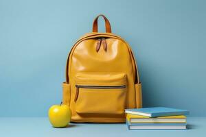 Backpack with different school stationery on light blue background. AI generative photo