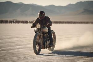 motociclista montando mediante uyuni sal plano desierto. neural red ai generado foto