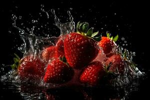 Strawberries and splashes of water on a black background. Neural network AI generated photo