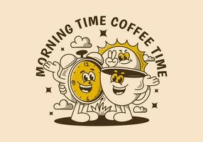 Morning time, coffee time. Mascot character of coffee cup, alarm clock and a sun vector