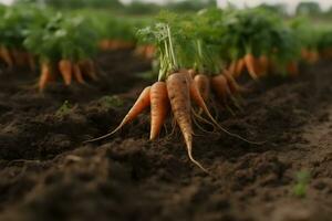 maduro zanahorias cosechado a un vegetal granja. Zanahoria cosecha y cultivo concepto. neural red ai generado foto