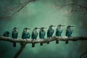 Group of birds on a branch, cold tone. Neural network AI generated photo