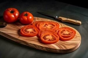 Sliced Tomato. Red tomatoes on a Wooden Cutting Board. Neural network AI generated photo