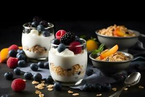 Healthy breakfast, natural yogurt with fresh berries and muesli. Neural network AI generated photo