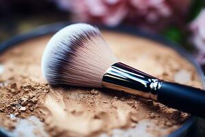 Makeup brush on a pile of powder on a blur background, side view. Makeup concept. Generated by artificial intelligence photo