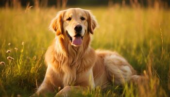 golden retriever dog sitting in the grass at sunset AI Generated photo