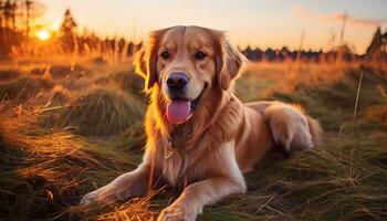 golden retriever dog sitting in the grass at sunset AI Generated photo