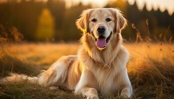 golden retriever dog sitting in the grass at sunset AI Generated photo