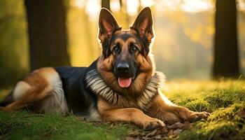 golden retriever dog laying in grass at sunset AI Generated photo