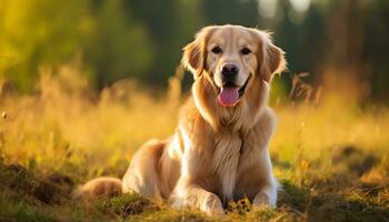 golden retriever dog sitting in the grass at sunset AI Generated photo