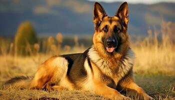 golden retriever dog laying in grass at sunset AI Generated photo