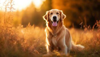 dorado perdiguero perro tendido en césped a puesta de sol ai generado foto