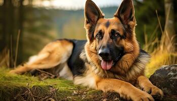 golden retriever dog laying in grass at sunset AI Generated photo