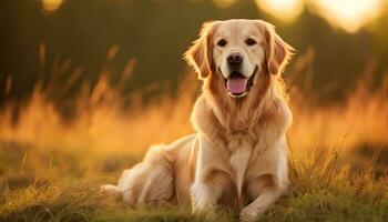 golden retriever dog laying in grass at sunset AI Generated photo