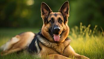 golden retriever dog laying in grass at sunset AI Generated photo