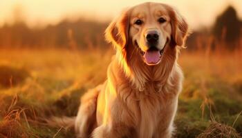 golden retriever dog laying in grass at sunset AI Generated photo