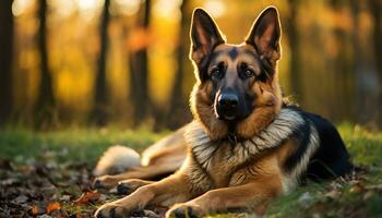 golden retriever dog laying in grass at sunset AI Generated photo