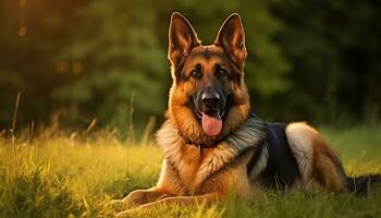 golden retriever dog laying in grass at sunset AI Generated photo