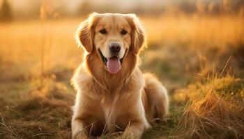 golden retriever dog laying in grass at sunset AI Generated photo