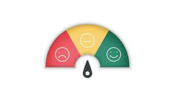 Customer experience satisfaction rating scale with a smile, angry icon in speedometer score feedback survey of a client. The level measures emoji face with arrows from bad to good vector illustration