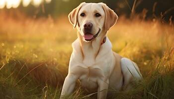 a yellow lab dog laying in the grass AI Generated photo