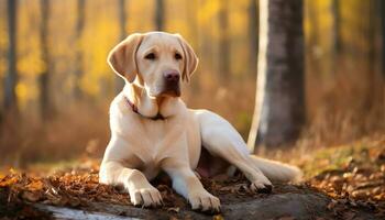 a yellow lab dog laying in the grass AI Generated photo